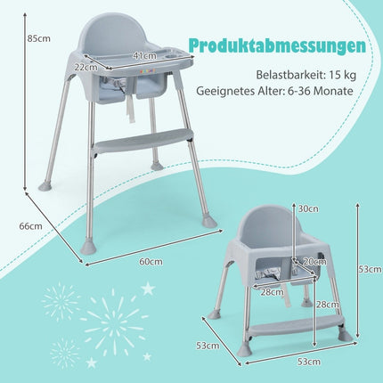 4 in 1 Baby High Chair Made of PP & Stainless Steel High Chair Convertible with Removable Double Tray Gray