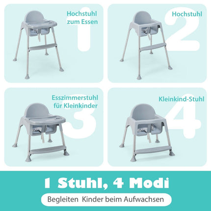 4 in 1 Baby High Chair Made of PP & Stainless Steel High Chair Convertible with Removable Double Tray Gray