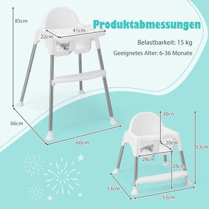 4 in 1 Baby High Chair Made of PP & Stainless Steel High Chair Convertible with Removable Double Tray White