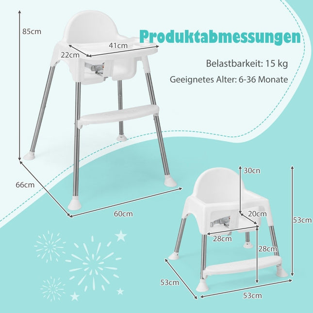 4 in 1 Baby High Chair Made of PP & Stainless Steel High Chair Convertible with Removable Double Tray White