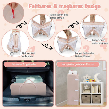 4-in-1 Baby Travel Cot with Canopy, Mattress, Pink