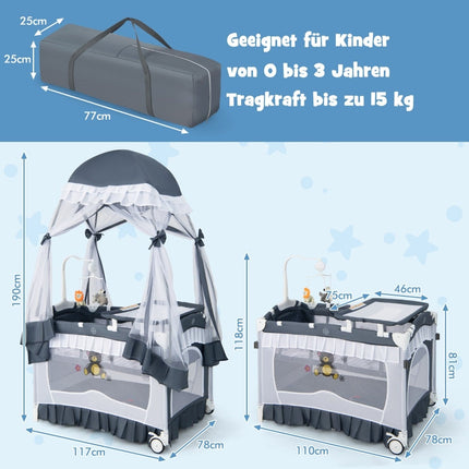 4-in-1 Baby Travel Cot with Mattress and Canopy, Grey