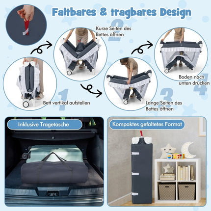 4-in-1 Baby Travel Cot with Mattress and Canopy, Grey