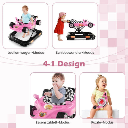 4-in-1 Baby Walker with Adjustable Heights, Pink Car Design