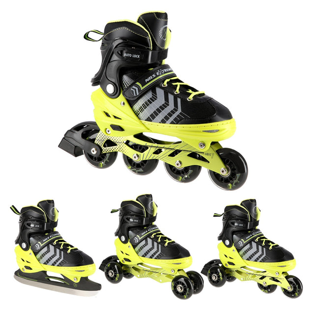 4-in-1 Black-Green Inline & Hockey Ice Skates, Size M