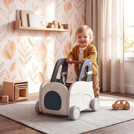4-in-1 Car-Shaped Baby Walker with Safety Belt & Toy Storage