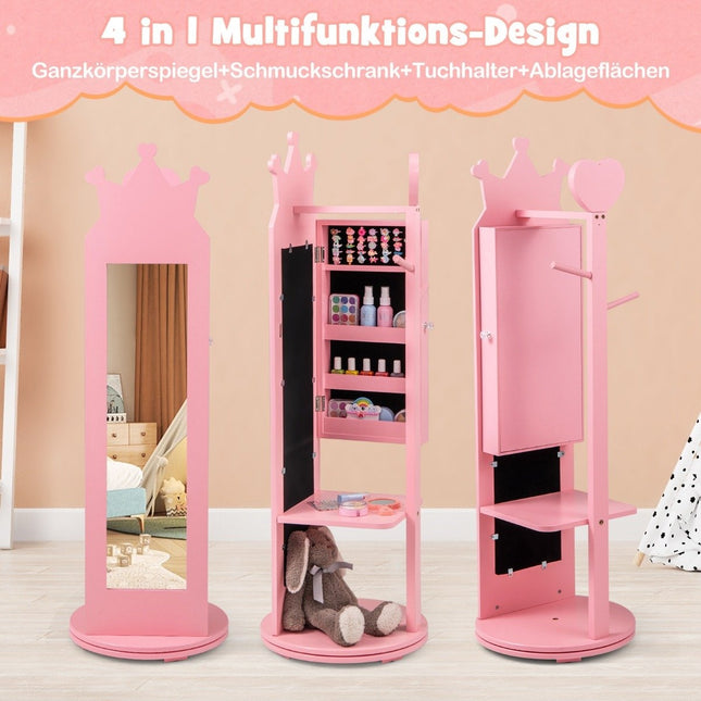 4 in 1 children's jewelry cabinet mirror cabinet 360° rotatable with full-length mirror pink