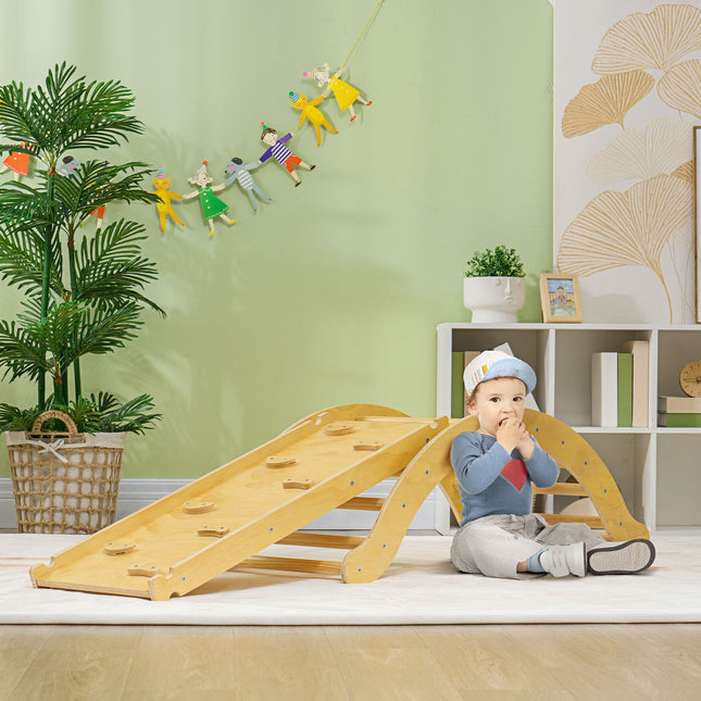 Indoor wooden climbing frame with slide, ages 1.5–4