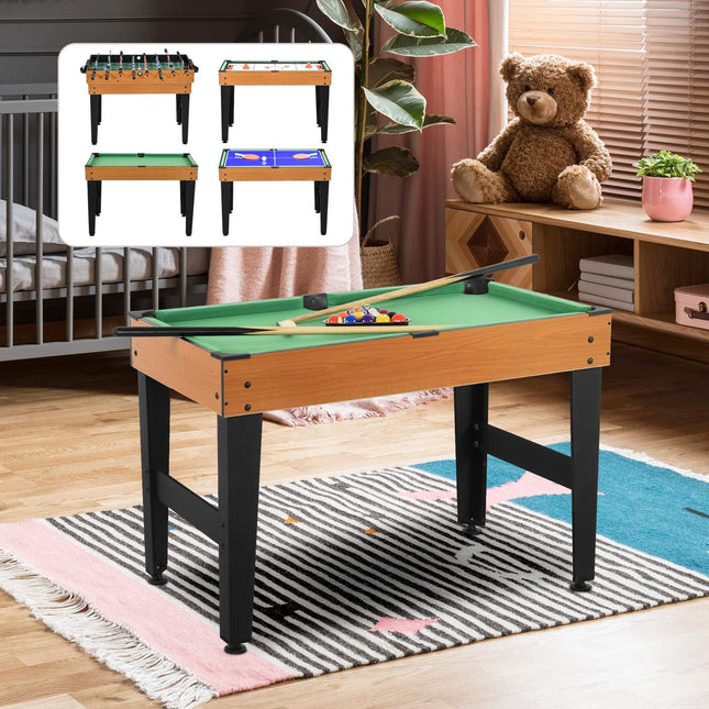 4 in 1 multigame speeltafel, gezelschapsspeltafel met tafeltennis, tafelvoetbal, biljart, tafelhockey, voor multiplayer-plezier, staal, natuurlijk hout + zwart