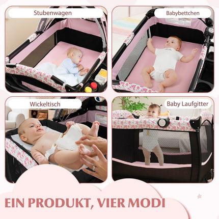 4 in 1 travel cot with mattress folding side bed with adjustable canopy pink flowers
