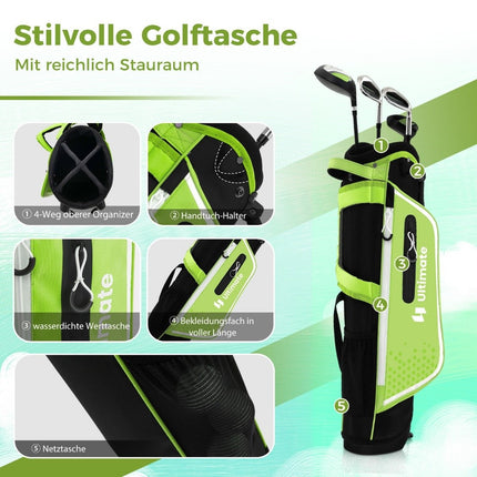 4-piece children's golf club set with golf bag and rain cover for children aged 8-10 years. Green