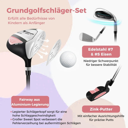 4-piece children's golf club set with golf bag and rain cover for children aged 8-10 years, pink