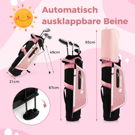 4-piece children's golf club set with golf bag and rain cover for children aged 8-10 years, pink