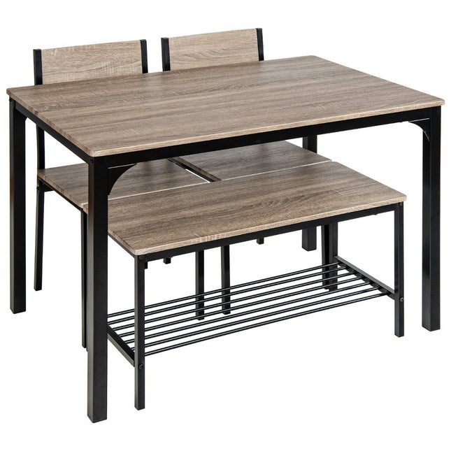 4-piece dining table set kitchen table with 2 chairs & 1 bench & shelf industrial dining group grey