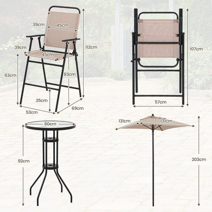 4-piece outdoor bar set round bar table with 2 folding bar stools & parasol beige