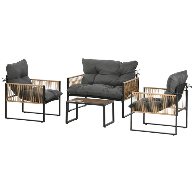 4-delige rotan tuinmeubelset met kussens, tuinzitgroep, 1 glazen salontafel, 2 fauteuils, 1 tweepersoonsbank, elegante zitgroep