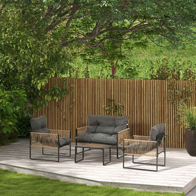 4-delige rotan tuinmeubelset met kussens, tuinzitgroep, 1 glazen salontafel, 2 fauteuils, 1 tweepersoonsbank, elegante zitgroep