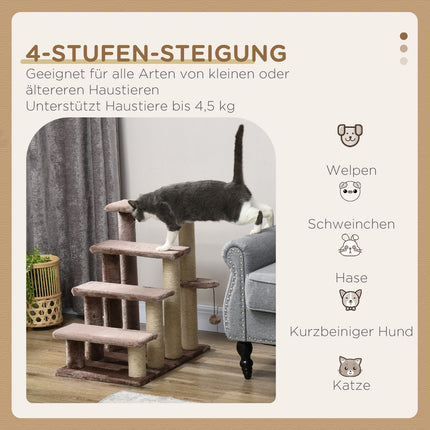Pet ladder with scratching post, plush, brown, 60x40x64 cm