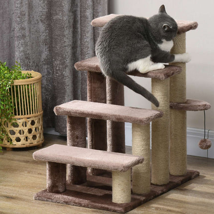 Pet ladder with scratching post, plush, brown, 60x40x64 cm