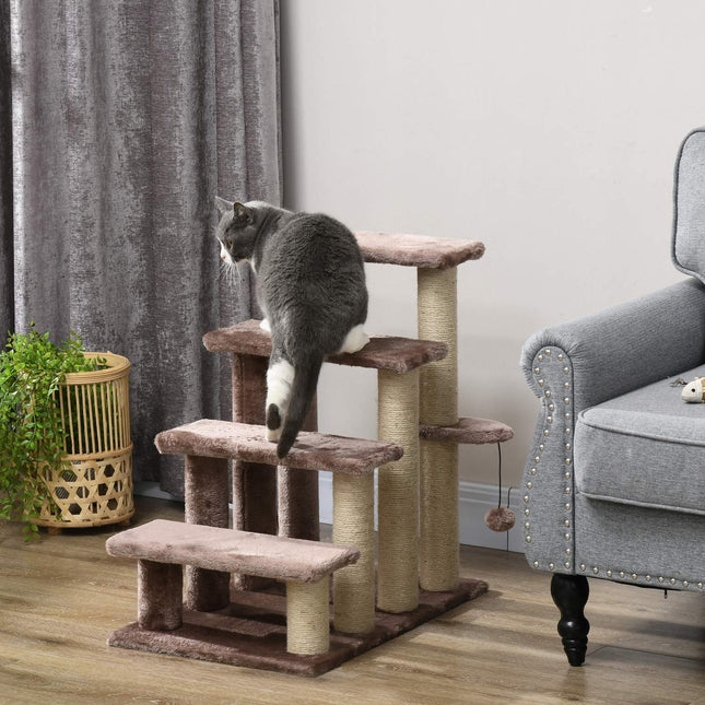Pet ladder with scratching post, plush, brown, 60x40x64 cm