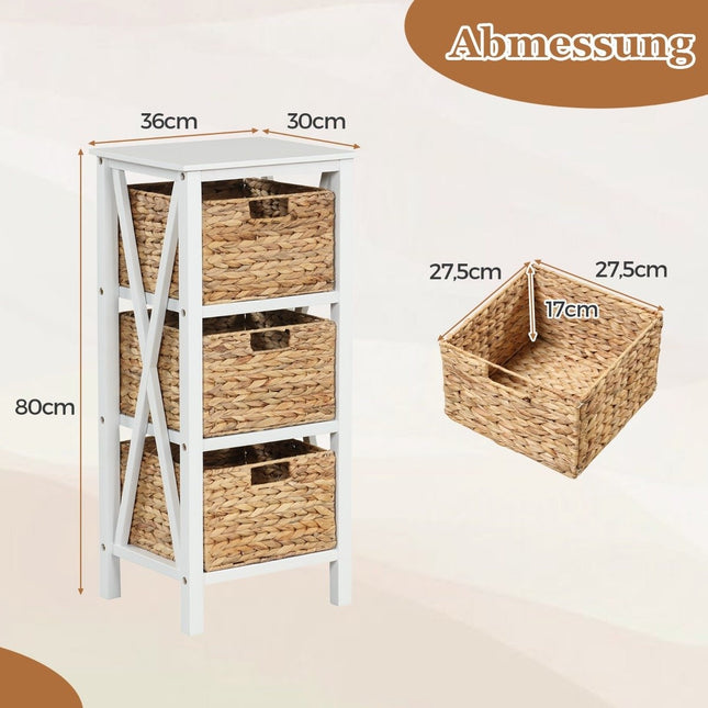 4-tier bedside table with 3 seagrass baskets & X-Design narrow side table 36 x 30 x 80 cm white