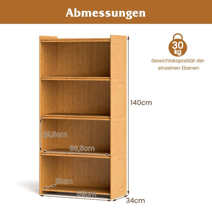 4 tier bookcase with acrylic doors display cabinet made of bamboo 69 x 34 x 140 cm natural