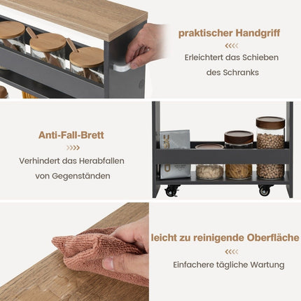 4 tier niche shelf on wooden wheels with handle kitchen trolley 47.5 x 20 x 80.5 cm gray + natural