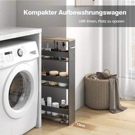4 tier niche shelf on wooden wheels with handle kitchen trolley 47.5 x 20 x 80.5 cm gray + natural