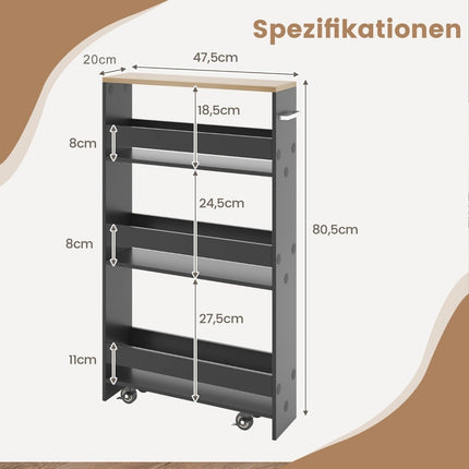 4 tier niche shelf on wooden wheels with handle kitchen trolley 47.5 x 20 x 80.5 cm gray + natural