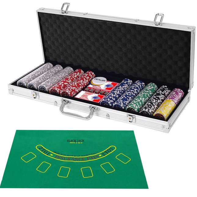 500-delige pokerset met fiches, kaarten, dobbelstenen en koffer