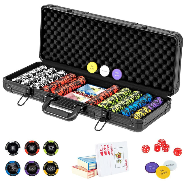 500-delige pokerset met laserchips, kaarten, dobbelstenen en koffer.