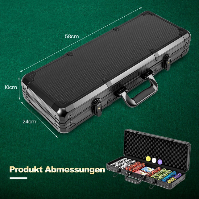 500-delige pokerset met laserchips, kaarten, dobbelstenen en koffer.
