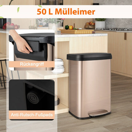 50L Kitchen Trash Can with Soft Closing Lid & Deodorization Compartment Waste Bin Rose Gold
