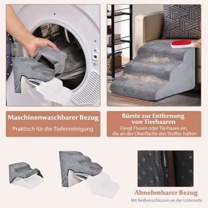 5 & 3 Step Dog Stairs with Chenille Fabric Surface & Pet Hair Brush Non-Slip Gray