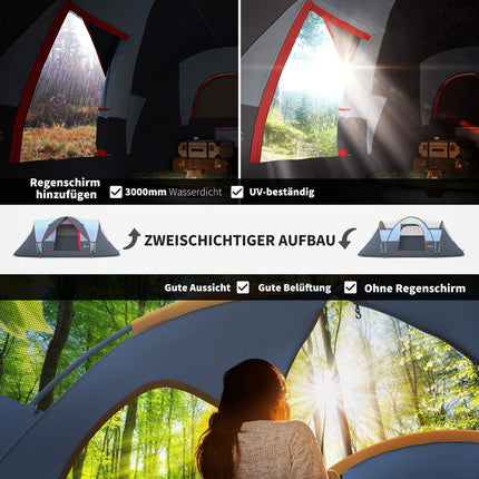 5-6 person gray camping tunnel tent with poles - polyester