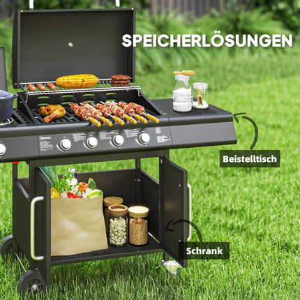 5-Burner Gas Grill with Side Burner, Black, 2394 cm²
