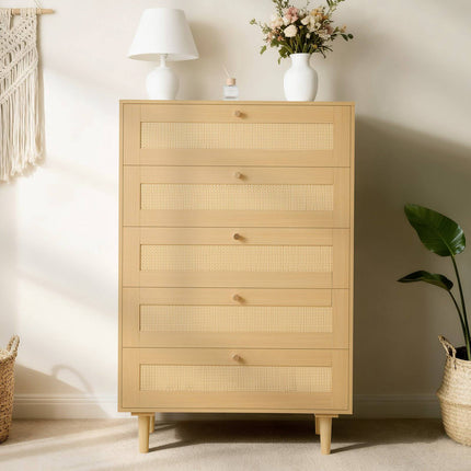 5-Drawer Rattan Dresser – Metal Handles, Wood Legs