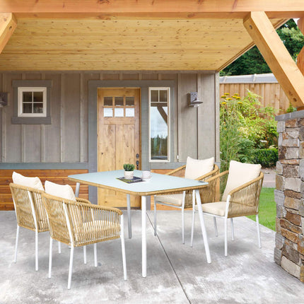 Rattan garden dining set, 5 pcs, glass table & cushions