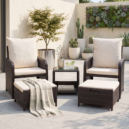 5-Piece Beige Polyrattan Garden Furniture Set with Cushions