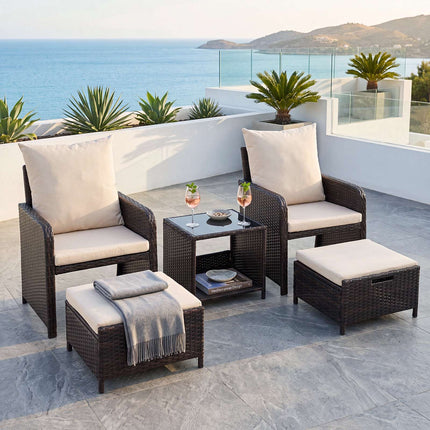 5-Piece Beige Polyrattan Garden Furniture Set with Cushions