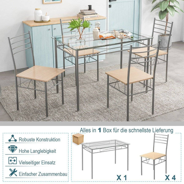 5 Piece Dining Room Set Rectangular Glass Dining Table with 4 Chairs & Rustproof Metal Frame