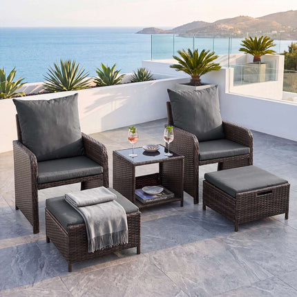 5-Piece Grey Polyrattan Garden Furniture Set with Cushions