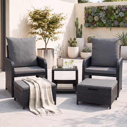 5-Piece Grey Polyrattan Garden Furniture Set with Cushions