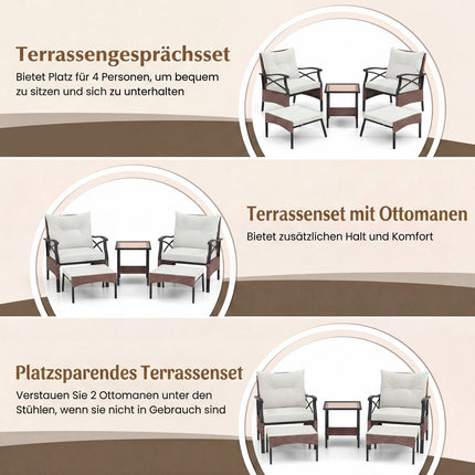 5-Piece Outdoor Rattan Patio Set with Ottomans, Beige