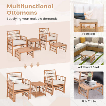 5-Piece Patio Wicker Sofa Set, Cushions, 2 Ottomans, Table