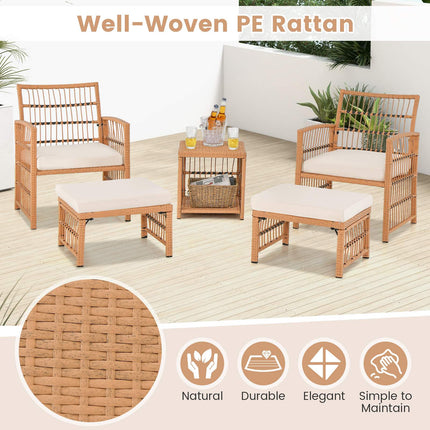 5-Piece Patio Wicker Sofa Set, Cushions, 2 Ottomans, Table