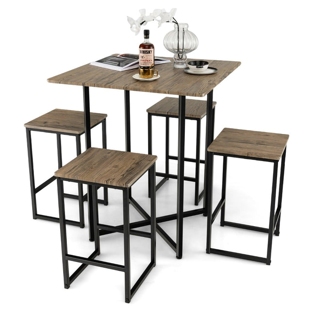 5-Piece Square Dining Table Set – 4 Stools, Bar Height