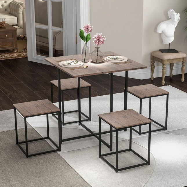 5-Piece Square Dining Table Set, 4 Stools, Gray
