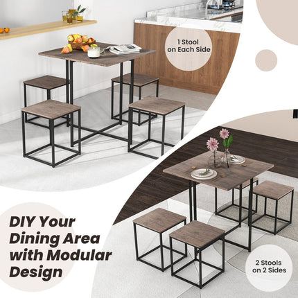 5-Piece Square Dining Table Set, 4 Stools, Gray