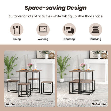 5-Piece Square Dining Table Set, 4 Stools, Gray